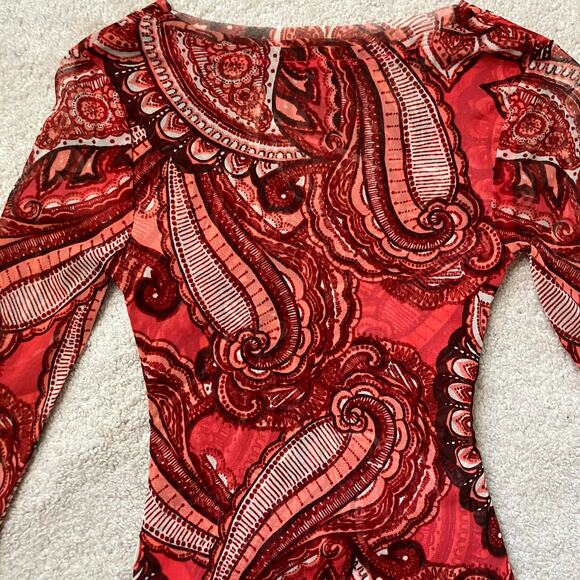 Red groovy paisley bohemian Y2K v neck blouse with 3/4 sleeves fairycore hippie - Picture 5 of 8